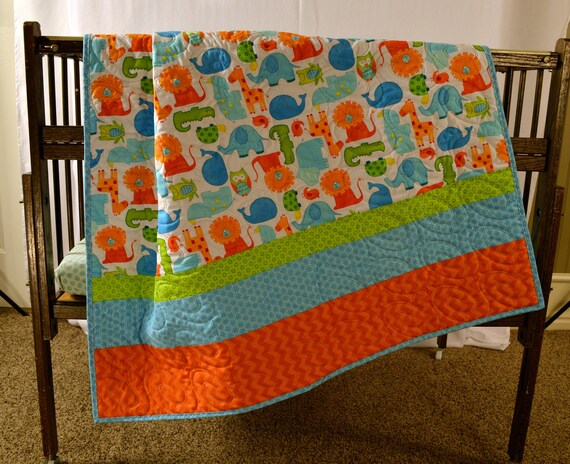 Animal Baby Quilt Handmade Nursery Bedding Uni - Blue Orange And Green Bedding Animal Baby Quilt Handmade Nursery Bedding Uni - Blue Orange And Green Bedding