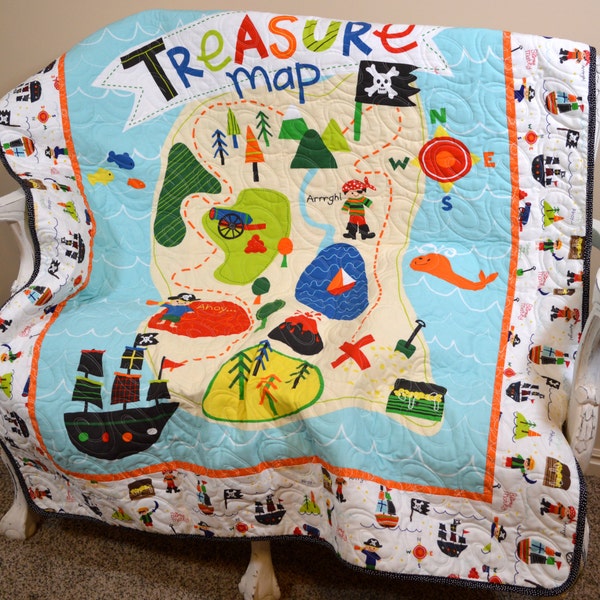 Pirate Treasure Map Quilt  Toddler Quilt Boy Blanket Blue Red Green Black Dot Handmade  For Young Playful Imagination FREE Shipping in USA!
