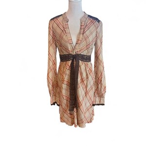 Free people plaid dress with embroidered trim and tie belt, size small image 2