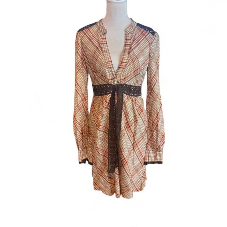Free people plaid dress with embroidered trim and tie belt, size small image 2