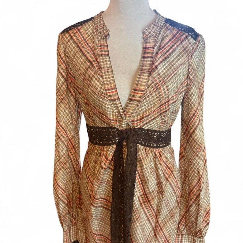 Free people plaid dress with embroidered trim and tie belt, size small image 3