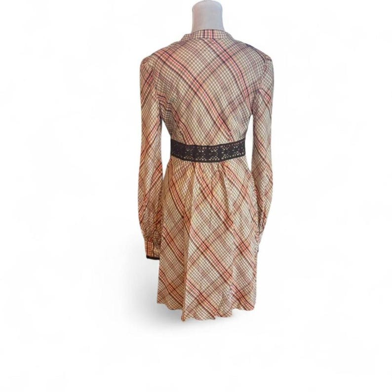 Free people plaid dress with embroidered trim and tie belt, size small image 7