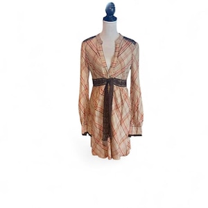 Free people plaid dress with embroidered trim and tie belt, size small image 1