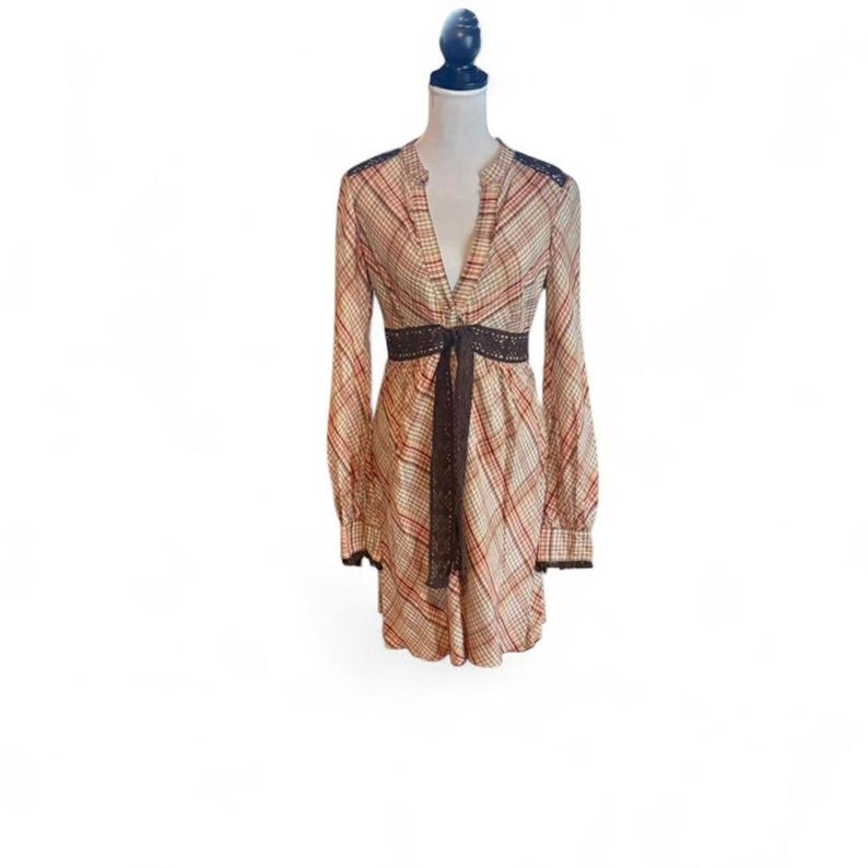Free people plaid dress with embroidered trim and tie belt, size small image 1