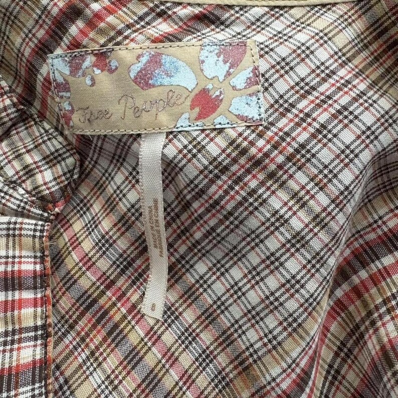 Free people plaid dress with embroidered trim and tie belt, size small image 5