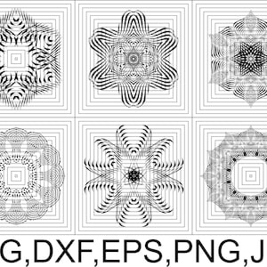 Puede incluir: Seis diseños geométricos de mandalas en blanco y negro. Cada diseño es un cuadrado con un patrón repetitivo de líneas y formas.