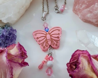 Pink Butterfly Pendant Necklace with Glass Beads Accents, Butterfly Necklace, Statement Necklace,