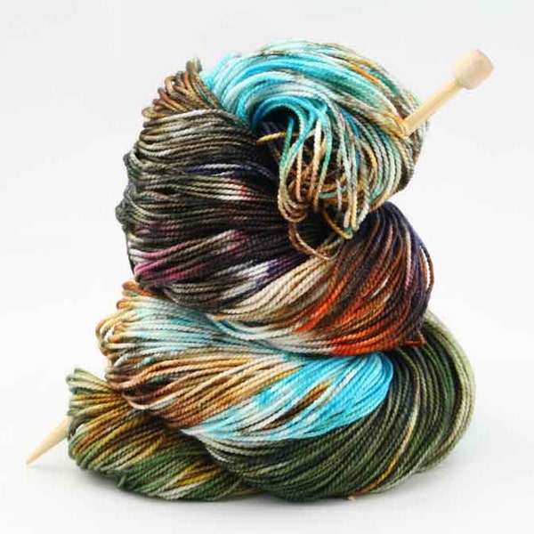 Hand dyed yarn,  80 / 10 / 10%  Super wash Merino / Cashmere / Nylon, sock yarn, 400 yards, "Moraine Valley"