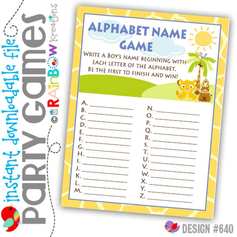 DIY Instant Downloadable File GAME2-640 King Of The Jungle Alphabhet Name Party Game