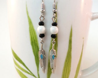 Beaded Howlite Gemstone Feather Earrings