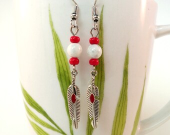 Beaded Howlite Gemstone Feather Earrings