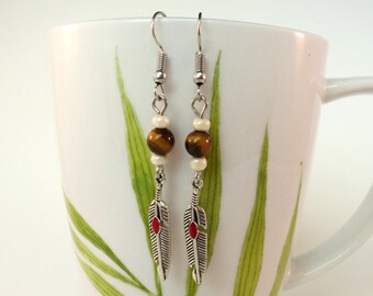 Beaded Tigers Eye Gemstone Feather Earrings