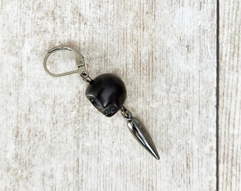 Single Black Howlite Skull Spike Drop Earring
