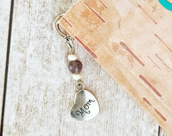 Beaded Mom Heart Metal Feather Bookmark with Amethyst Gemstone