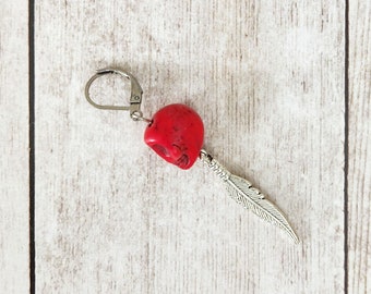 Single Red Howlite Skull Feather Drop Earring
