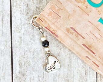 Beaded Onyx gemstone Mom Heart Metal Feather Bookmark