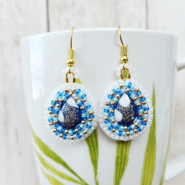 Small Beaded Waterdrop Cabochon Drop Earrings - Indigenous Made Beadwork - Water is Life - Handmade Jewelry in Canada