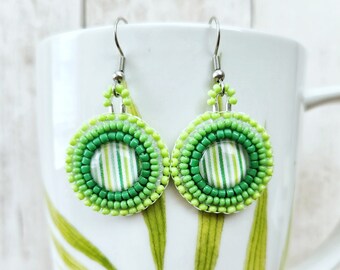 Small Beaded Green Stripe Cabochon Drop Earrings