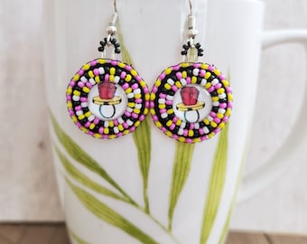 Small Beaded Candy Ring Cabochon Drop Earrings
