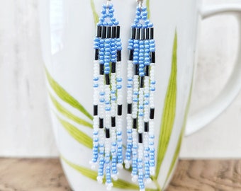 Beaded Blue & White Faux Pearl Finish Fringe Earrings