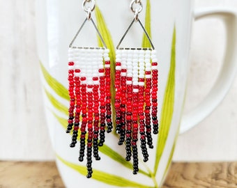 Beaded Triangle Fringe Earrings - Indigenous Made Beadwork - Red Ombre Colours - Handmade Jewelry in Canada