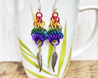 LGBTQ2S+ Rainbow Feather Chainmaille Earrings