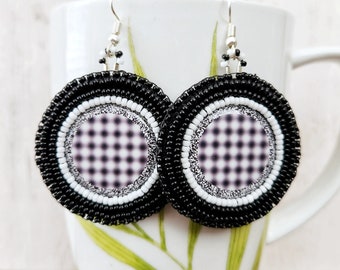 Beaded Black & White Optical Illusion Cabochon Earrings