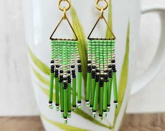 Green Beaded Triangle Fringe Earrings