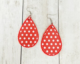 Beaded Red & White Polka Dot Vegan Leather Teardrop Cutout Earrings