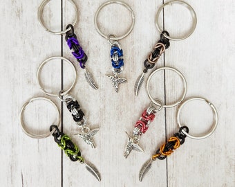 Metal Chainmaille Keychains & Zipper Pulls / Indigenous Made / Nature Bird Nerd Lover Gift / Feathers / Save the Hummingbirds Pollinators