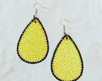 Beaded Sparkly Gold Vegan Faux Leather Teardrop Earrings