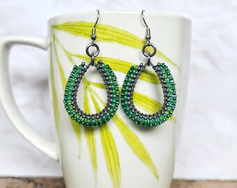Green Beaded Teardrop Brick Stitch Earrings