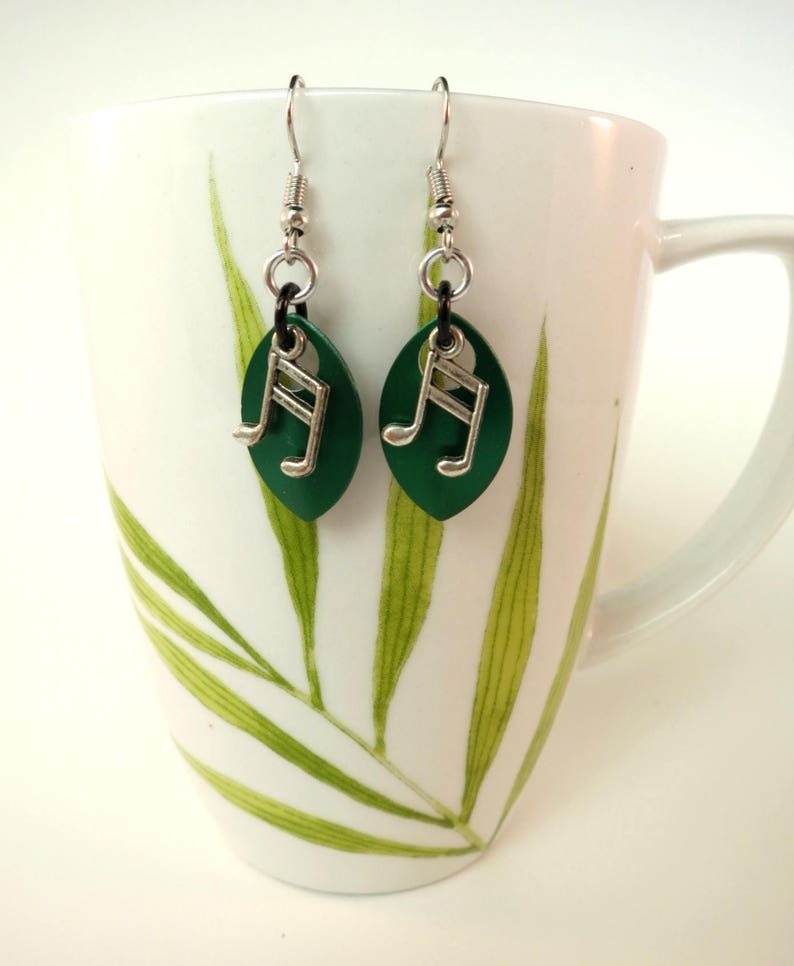 Music Note Scalemaille Earrings Green Chain Maille Indigenous Jewelry Drop Earrings Charms Fish hook Clip On Sterling Silver