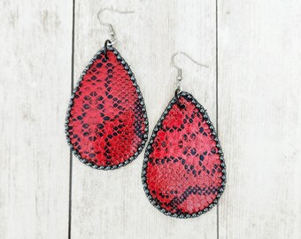 Beaded Vegan Snake Skin Leather Teardrop Cutout Earrings