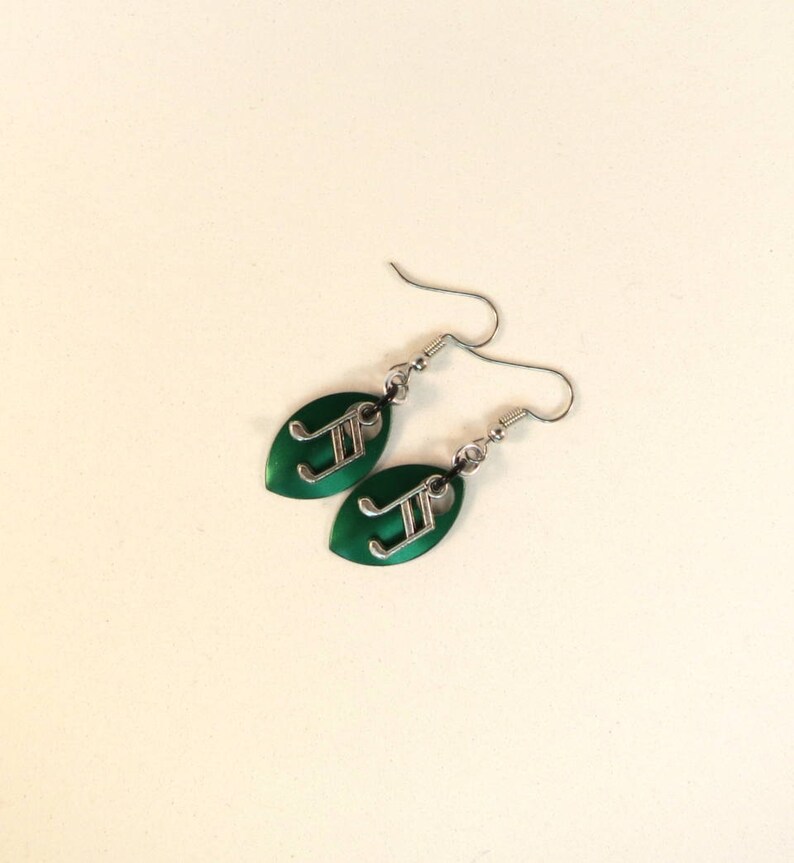 Music Note Scalemaille Earrings Green Chain Maille Indigenous Jewelry Drop Earrings Charms Fish hook Clip On Sterling Silver