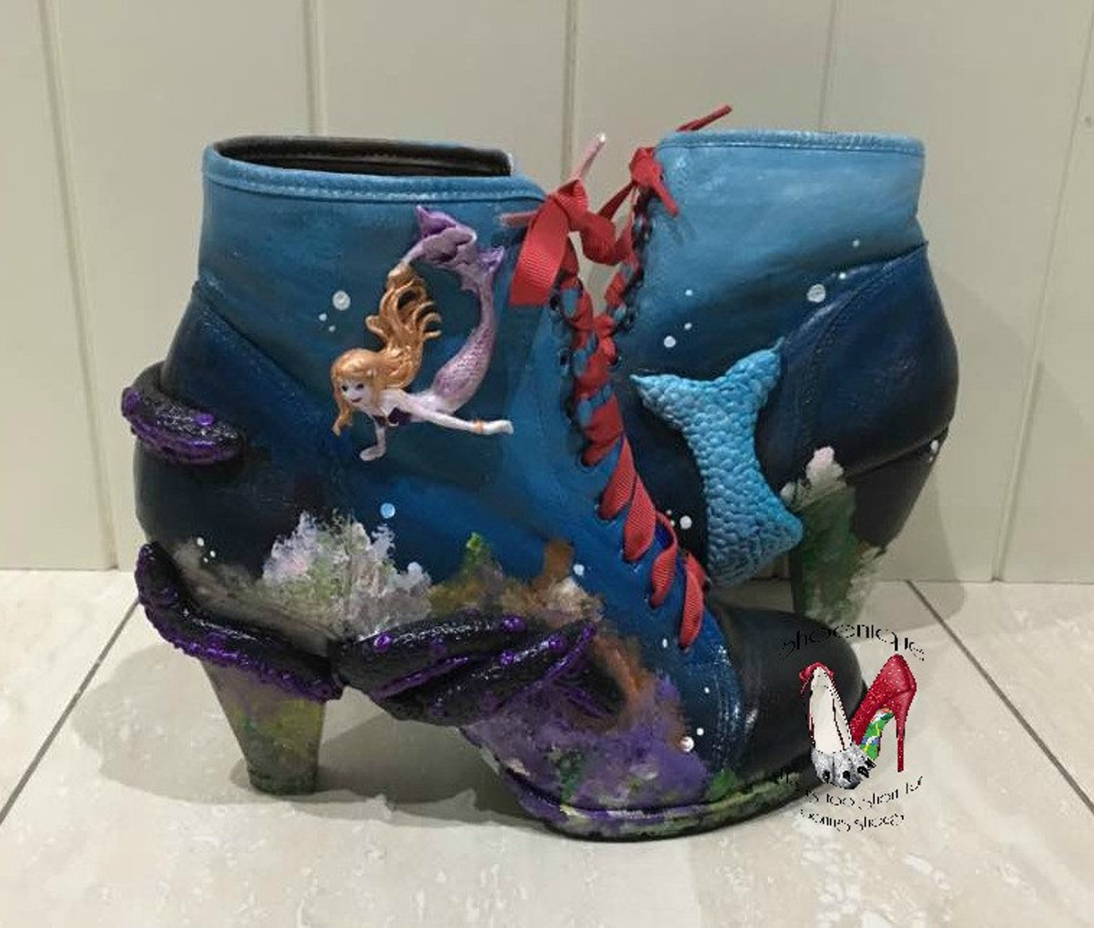 sculpted mermaid boots ocean sea heels size 2 3 4 5 6 7 8 bespoke shoes uk ballet pumps flats octopus sea witch ariel