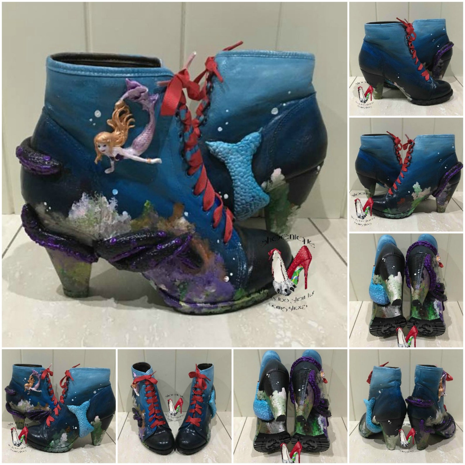 sculpted mermaid boots ocean sea heels size 2 3 4 5 6 7 8 bespoke shoes uk ballet pumps flats octopus sea witch ariel