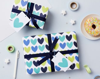 Blue Love HEART WRAPPING PAPER Set - Fathers Day Gift Wrap
