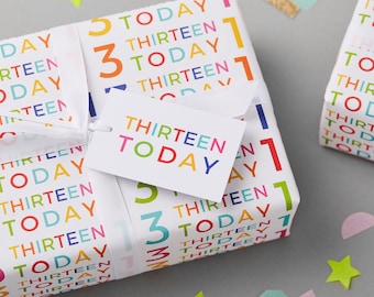 13th Birthday Wrapping Paper - Thirteen Today Birthday Gift Wrap Set - 13th wrapping paper