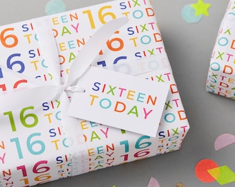 16th Birthday Wrapping Paper - Sixteen Today Birthday Gift Wrap Set - 16 Gift Wrap