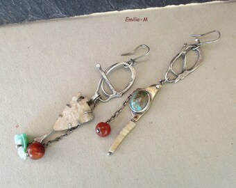 Raw ethnic sterling silver Earrings with arrowhead, turquoise, carnelian Artisan Jewelry by Emilia-m