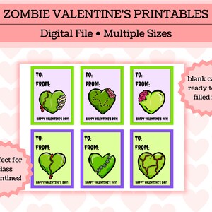 zombie valentines day printables

blank cards ready to be filled in 
perfect for class valentines!

image shows the full paper with all six cards laid out and read for printing. image shows the back of the card with to/from, happy valentine's day
