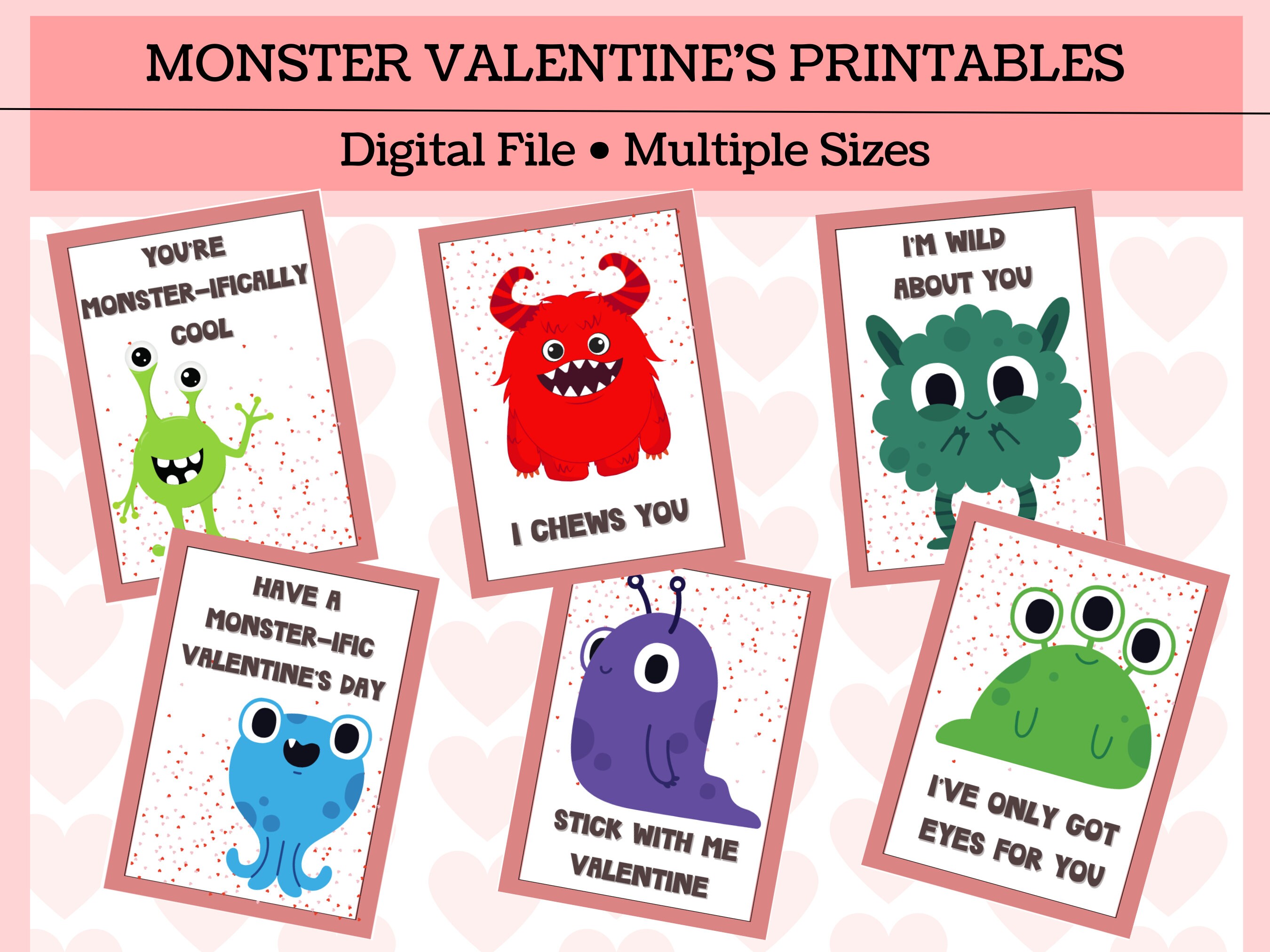 Monster Valentine's Printable Cards DIGITAL FILE Multiple Sizes Great for Classrooms - Etsy