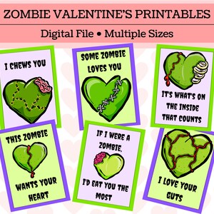 zombie valentines day printables
digital file
multiple sizes

images of valentiens with zombie hearts and sayings:
i chews you
some zombie loves you
its what on the inside that counts
this zombie wants your heart
if i were a zombie id eat you first