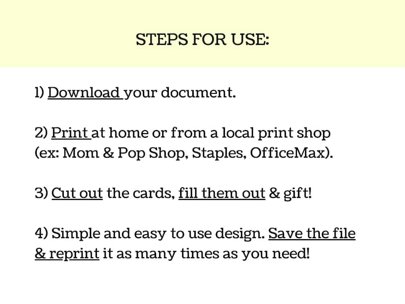 steps for use: 
1. download your document
2. print at home or from a local print shop
3. fill out the guide with all relevant information & leave for your sitter
4. simple and easy to use design. save the file & reprint as many times as needed.