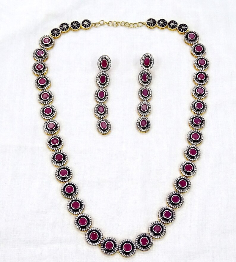 Designer Round Coin /& Oval Ruby CZ Necklace Earrings Gold Plated Handmade Indian Jewelry Set Bollywood Designer For Women Girls Gift Sale.