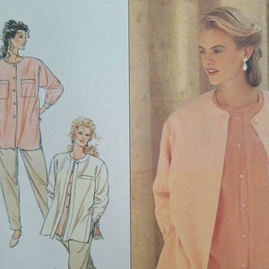 May include: A sewing pattern featuring two women wearing different styles of pink jackets. The jackets have a button-up front and long sleeves. The women are wearing trousers and have their hair styled.