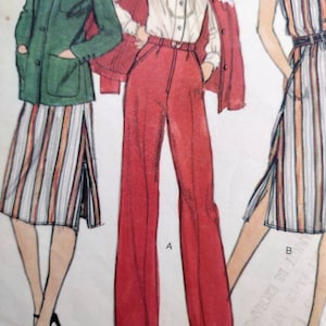 May include: A vintage sewing pattern featuring three different outfits. The first outfit is a green jacket with a striped skirt. The second outfit is a red blouse with a red pair of wide-legged trousers. The third outfit is a striped dress with short sleeves. The pattern is labelled "A" and "B".
