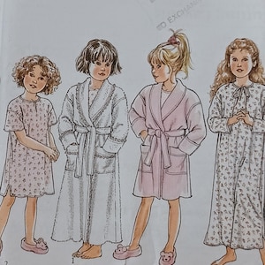 May include: A sewing pattern for four different children's sleepwear garments. The pattern includes a long-sleeved nightgown with a floral print, a short-sleeved nightgown with a floral print, a long robe with a white fluffy texture, and a short robe with a pink fluffy texture. The pattern is labelled with the number "1" for the long robe, "2" for the short robe, and "2" for the short-sleeved nightgown.