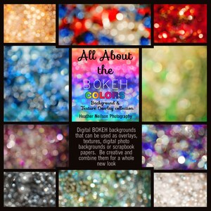 All about the BOKEH COLORS collection of Digital Backdrop Backgrounds Textures Overlays Scrapbook papers & more. Photoshop Instant download